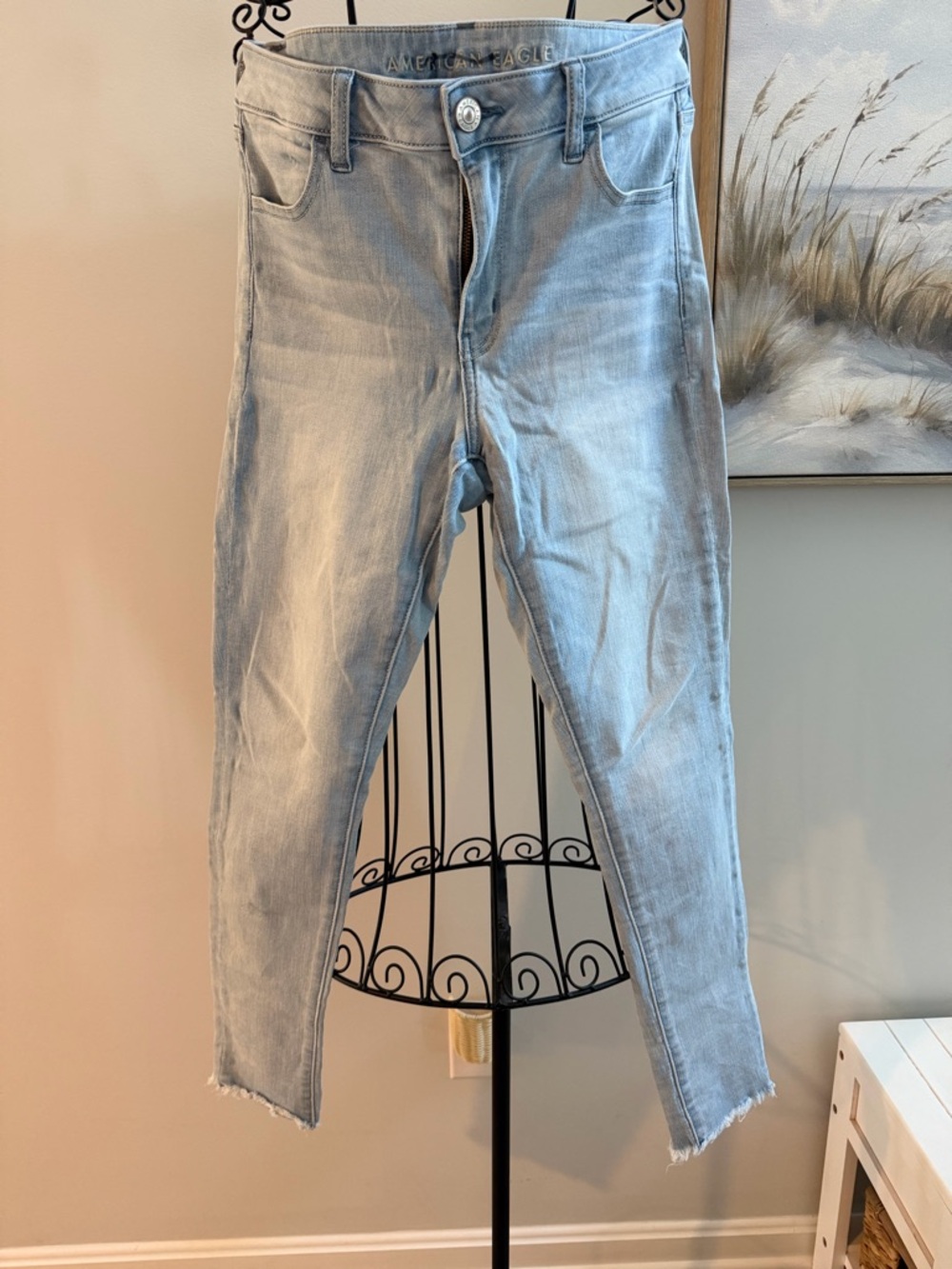 American Eagle Outfitters Light Blue Skinny Jeans with Frayed Hem